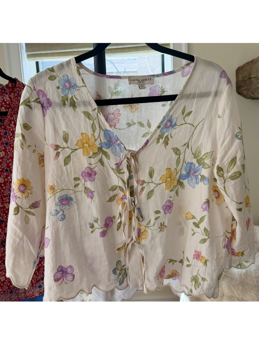 Laura Ashley Cream Floral Tie-Front Peasant Blouse